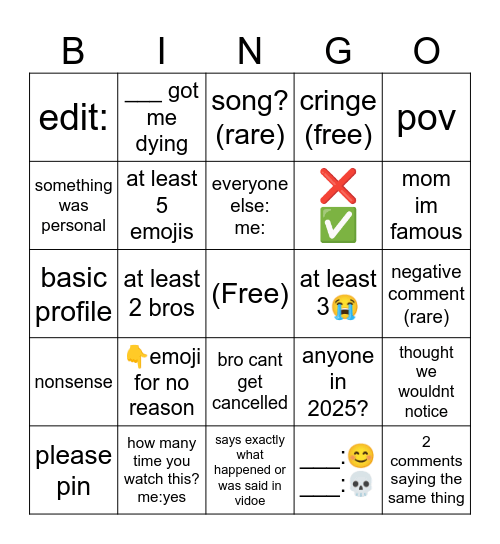 youtube coments Bingo Card