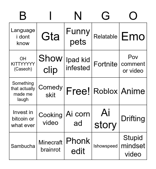 Youtube short bingo Card