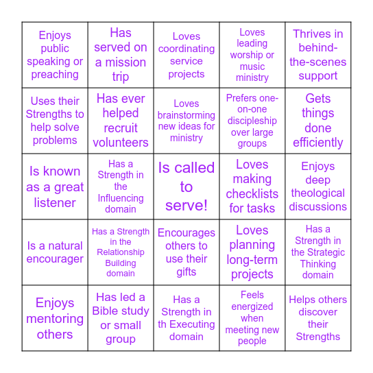 Strengths & Service Bingo Card