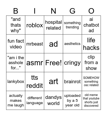 youtube shorts bingo Card