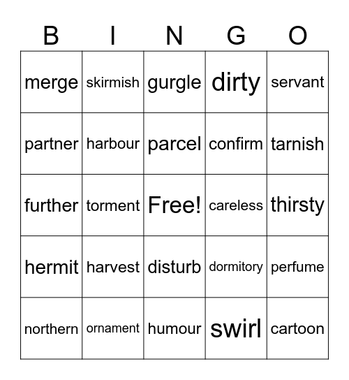 G5 Words with 'r' focus Bingo Card