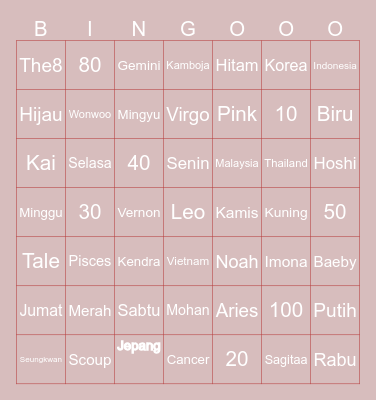 Noah Bingo Card