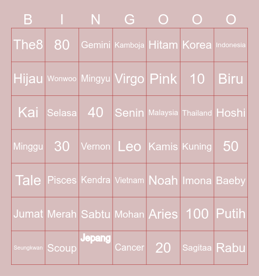 Noah Bingo Card