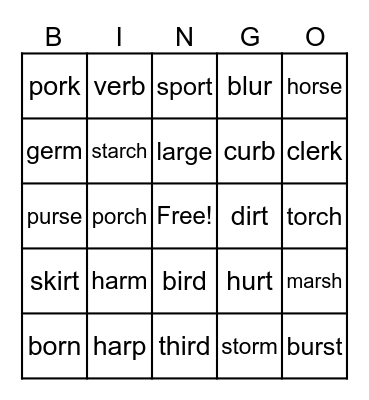 R-Controlled Vowels (Green) Bingo Card