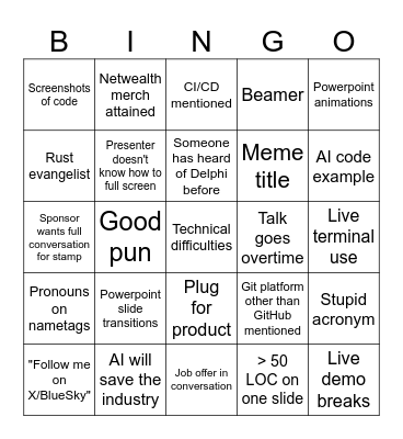 DDD Melbourne bingo Card