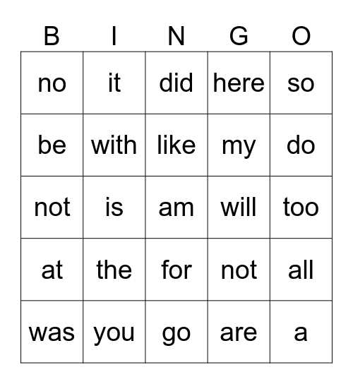 Heart Words Bingo Card