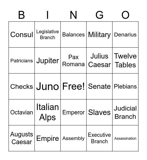 Ancient Rome Bingo Card