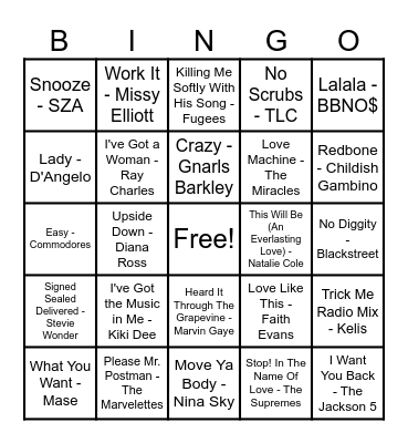 R&B Hits! Bingo Card