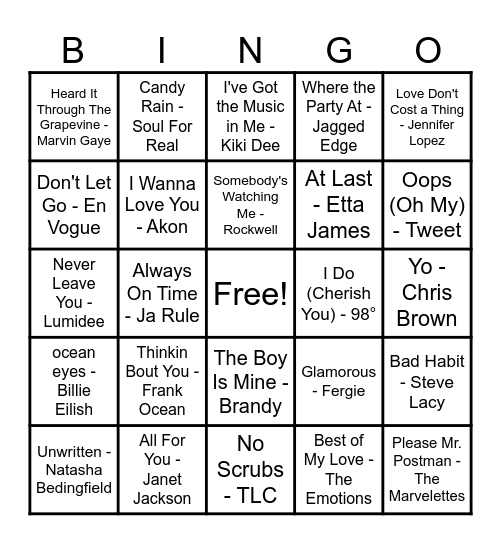 R&B Hits! Bingo Card