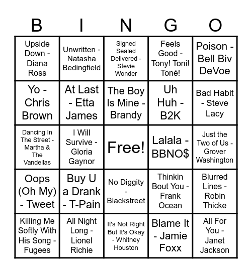 R&B Hits Bingo Card