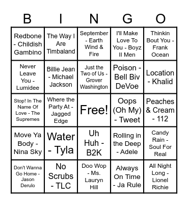 R&B Hits Bingo Card