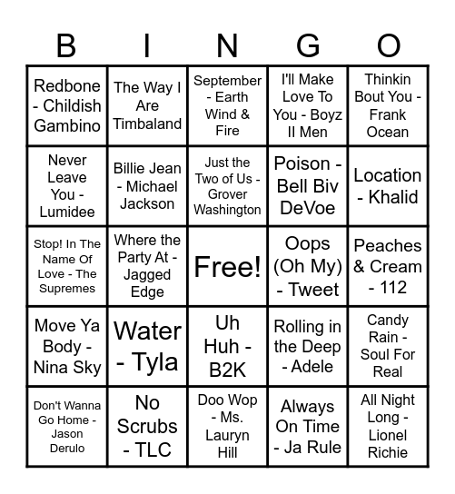 R&B Hits Bingo Card