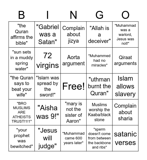 Kafir bingo Card