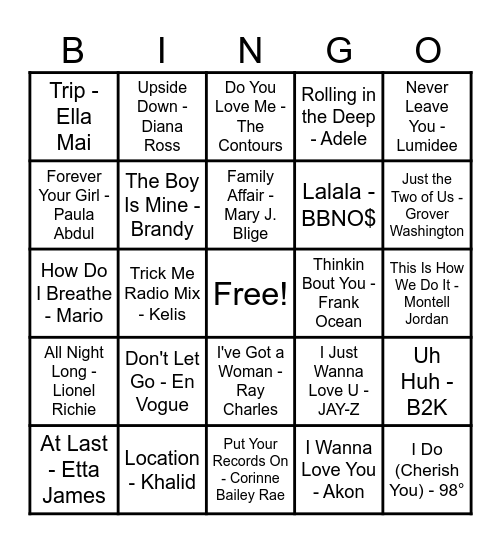R&B Hits! Bingo Card