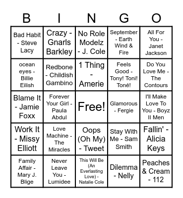 R&B Hits! Bingo Card