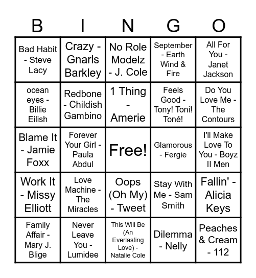 R&B Hits! Bingo Card