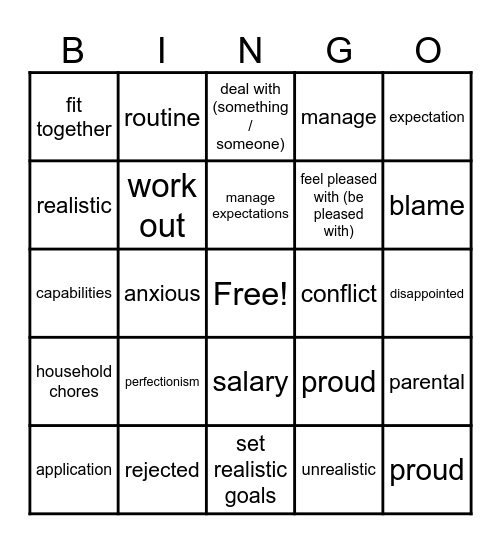 U2A Vocabulary Bingo Card