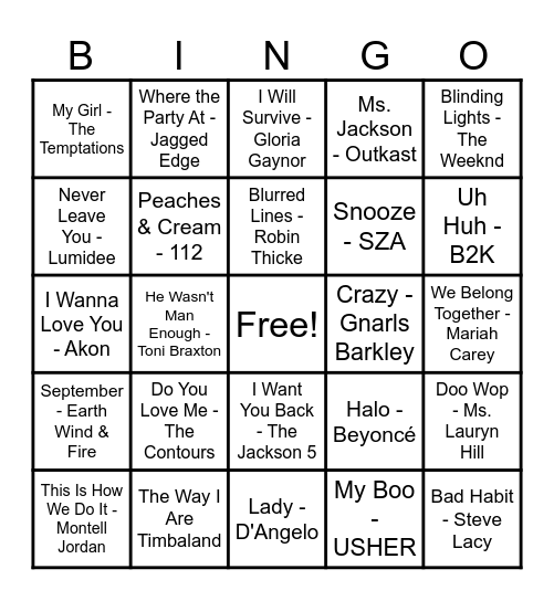 R&B Hits! Bingo Card