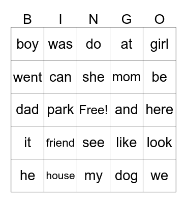 SNAP WORD BINGO Card