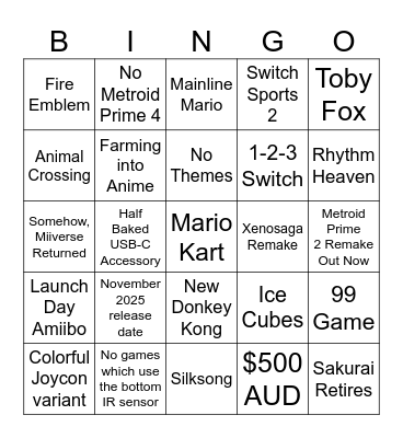 2/4/25 Nintendo Direct Bingo Card