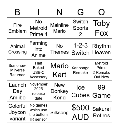 2/4/25 Nintendo Direct Bingo Card