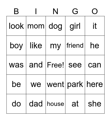SNAP WORD BINGO Card