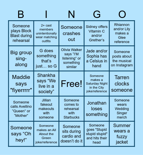 Wedding Singer Cast Bingo Card