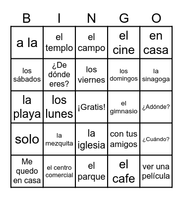 Vocabulario 4A Bingo Card