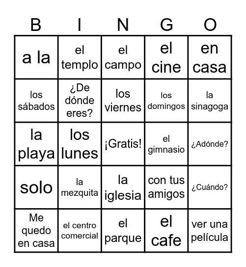 Vocabulario 4A Bingo Card