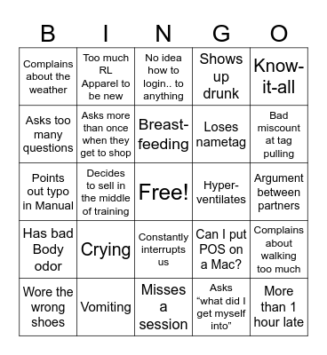 New Owner Training Bingo Card