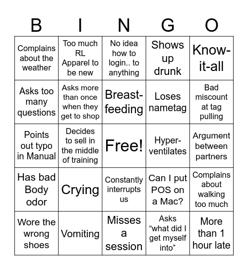 New Owner Training Bingo Card