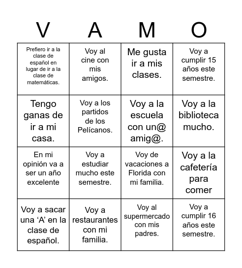 El verbo 'Ir' Bingo Card