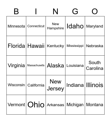 USA States Bingo Card