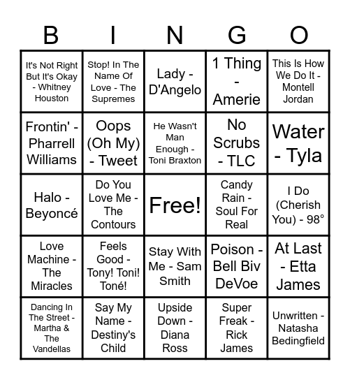 R&B Hits! Bingo Card