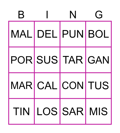 SÍLABAS 3 LETRAS Bingo Card