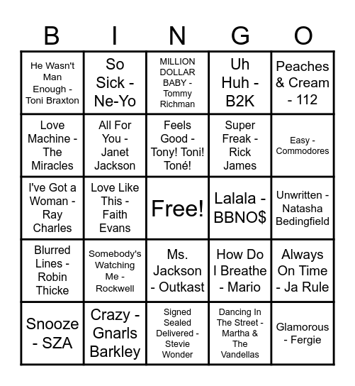 R&B Hits! Bingo Card