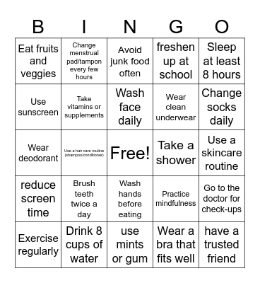 Healthy Habits Bingo Card