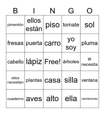 Spanish vocabulary Bingo Card