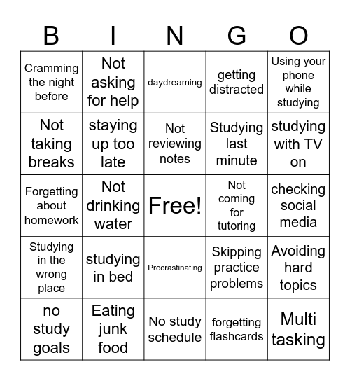 Bad Study Habits Bingo Card