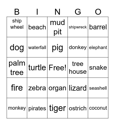 Swiss Family Robinson Bingo Card