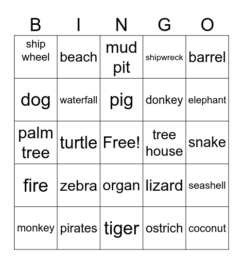 Swiss Family Robinson Bingo Card
