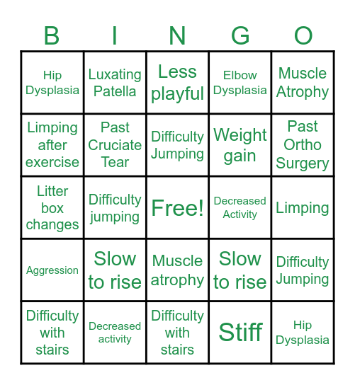 Osteoarthritis Screening Bingo Card