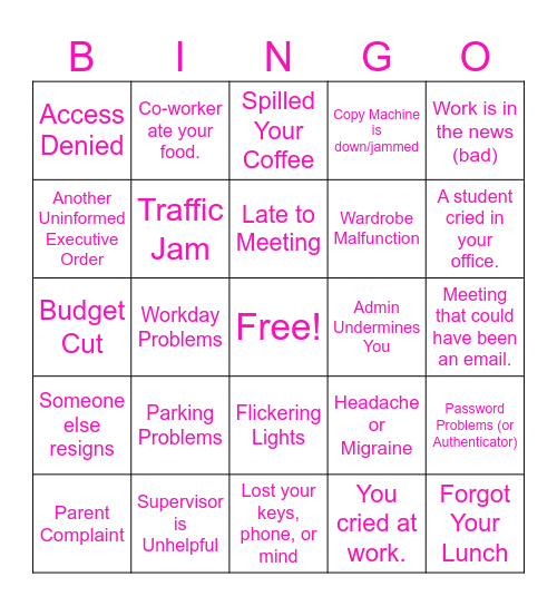 Go Home Bingo Card