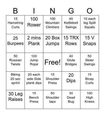 Fitness Bingo Card