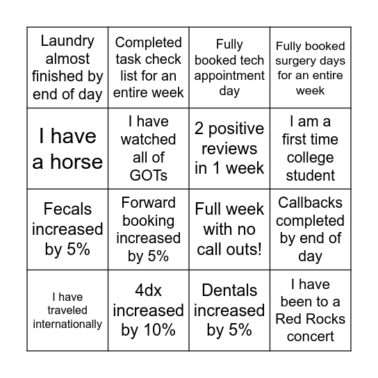 Vet Tech BINGO Card