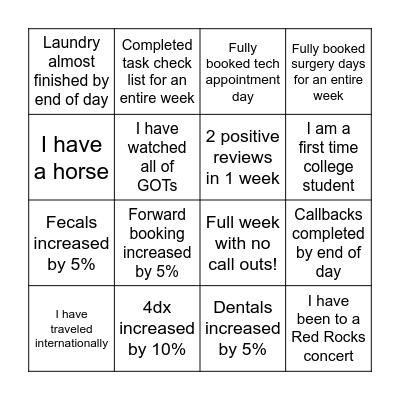 Vet Tech BINGO Card