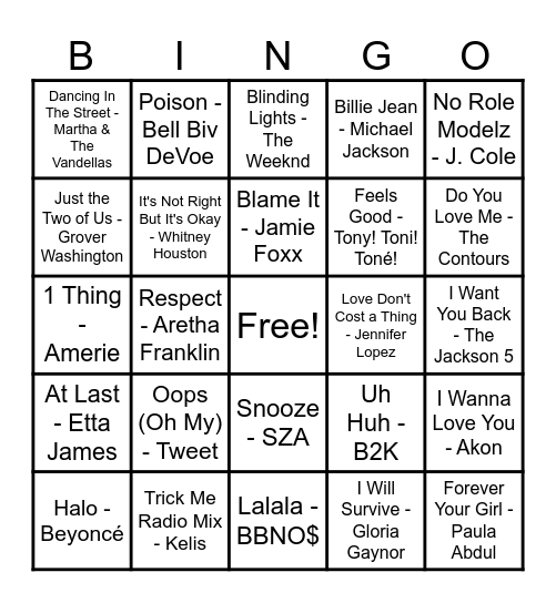 R&B Hits! Bingo Card