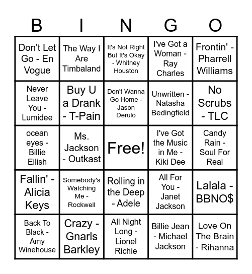 R&B Hits! Bingo Card
