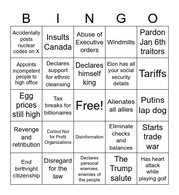 Donald Trump presidency bingo Card