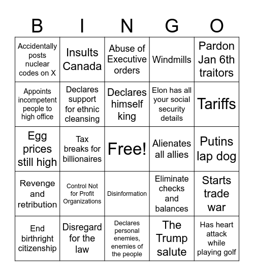 Donald Trump presidency bingo Card
